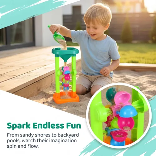 Miniatura 2 de Rueda de agua de arena: reloj de arena de juguete de playa para niños, doble embudo giratorio, torre de derrame con palas para patio trasero, caja