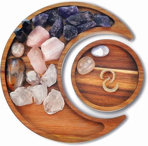 Bandeja de luna de madera de acaica para piedras curativas, almacenamiento y organizador de cristales curativos, cuenco creciente para exhibición de