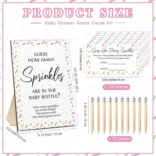 Miniatura 2 de Qilery 122 piezas de juegos de baby shower Adivina cuántos gránulos incluidos, letrero de pie, 100 tarjetas de adivinanza, 20 lápices, 1 biberón Rosa