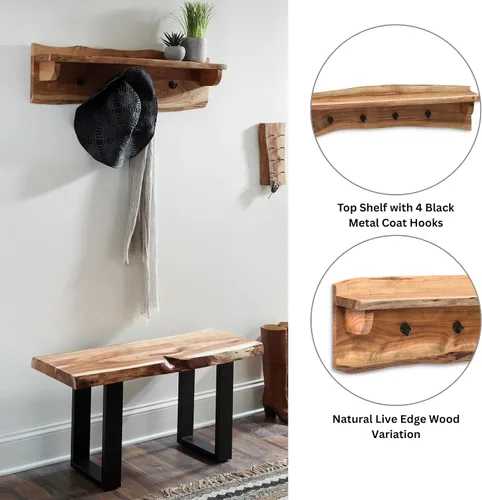 Miniatura 3 de Alaterre Furniture Alpine - Perchero de madera natural con borde vivo, gancho de pared de madera maciza de 36 pulgadas con estante superior y 4
