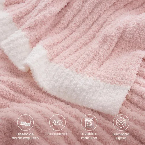 Miniatura 4 de Snuggle Sac Manta de Punto Rosa para Sofá, Mantas Suaves y Acogedoras con Ribete Esponjoso para Mujeres, Mantas de Microfibra Cálidas y Lindas