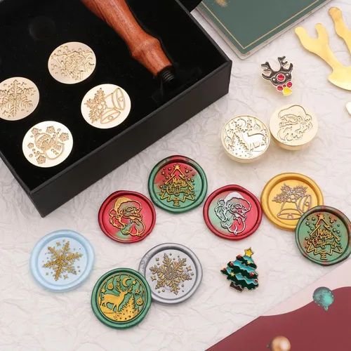 Miniatura 4 de SWANGSA Juego de caja de regalo de sellos de cera de Navidad, 6 cabezas de sello de sellado vintage + 1 empuñadura de madera, kit de sellos de cera