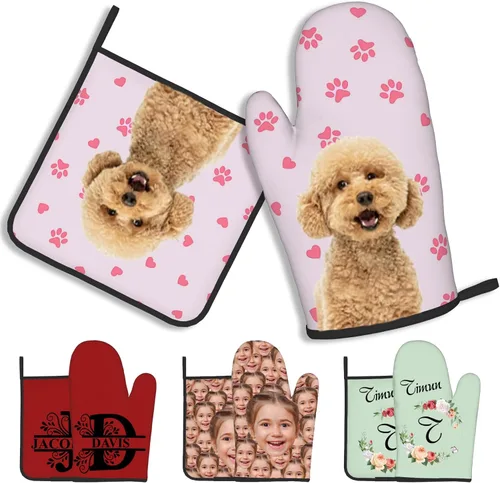 Manoplas de horno personalizadas con soportes para ollas con nombre y foto personalizados, manoplas de horno resistentes al calor y al deslizamiento