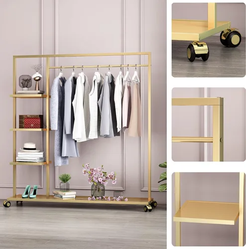 Miniatura 3 de Percheros dorados con estante, para boutiques minoristas, estantes de ropa dorados, múltiples usos, resistente para colgar barras para el hogar