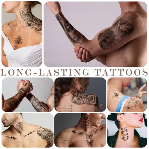 Miniatura 6 de 77 hojas de tatuajes temporales, tatuajes falsos realistas de medio brazo de león, lobo, búho, alce, serpiente, mariposa, rosa para niñas y niños