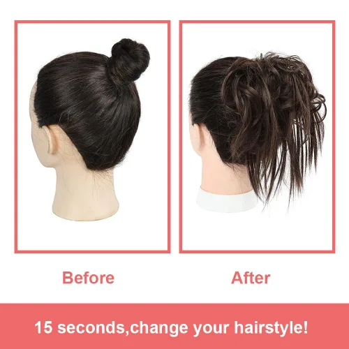 Miniatura 4 de KETHBE Pieza de Cabello para Moño Despeinado, Sintético Despeinado Recogido Coleta Corta Coletero de Cabello Falso con Banda Elástica de Goma Moño