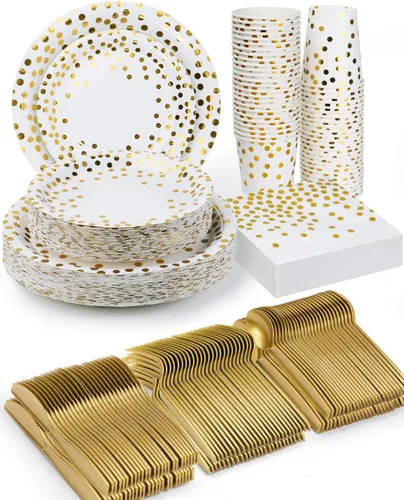 Miniatura 11 de 224 piezas de suministros para fiestas, platos de fiesta negros y dorados, juegos de vasos y servilletas con cuchillos, tenedores y cucharas