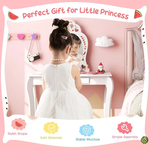 Miniatura 7 de Costzon Juego de tocador para niñas, juego de tocador con espejo y taburete, cajón de almacenamiento, tocador de maquillaje para niñas pequeñas