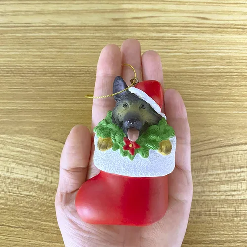 Miniatura 5 de Perro de pastor alemán en medias rojas de resina para árbol de Navidad, adorno para cachorros, manualidades, celebración, adornos de Navidad, 3.46