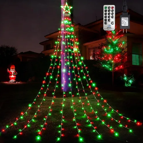 Miniatura 15 de WBao 344 luces LED de Navidad para decoración al aire libre con estrella de 12 pulgadas, luces de Navidad de cascada de 11.9 pies, control remoto, 8