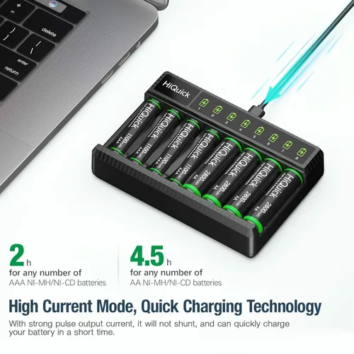 Miniatura 2 de HiQuick Cargador inteligente de 8 bahías con batería recargable AA AAA, 4 pilas AA de 2800 mAh y 4 pilas AAA de 1100 mAh, carga rápida