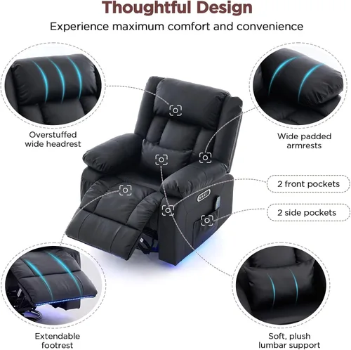 Miniatura 6 de Silla reclinable giratoria eléctrica con motor doble, sillón reclinable eléctrico con masaje por vibración y calor, luz LED, silla reclinable