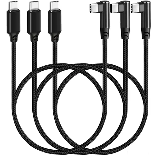 Miniatura 8 de Cable USB C a USB C de 1 pie, paquete de 3 cables, de ángulo recto de 90 grados, tipo C, cable de carga rápida PD de 60W, USB 2.0, trenzado