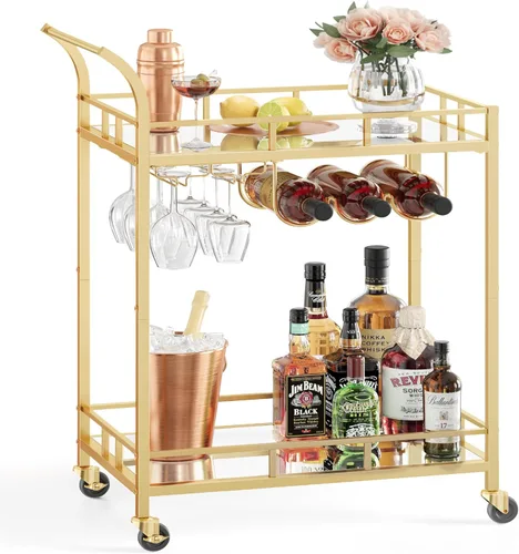 Miniatura 11 de VASAGLE Carrito de bar negro, carrito de servicio para bar en casa, carrito de vino con 2 estantes espejados, soportes para vino, soportes