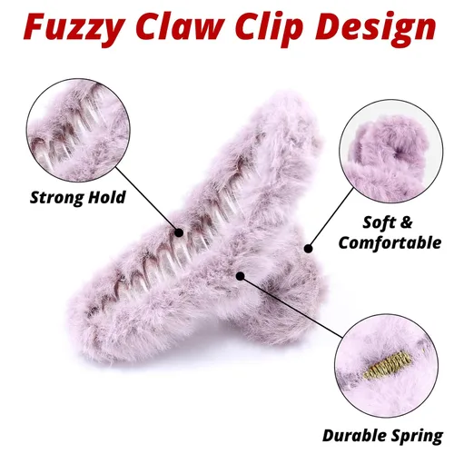 Miniatura 5 de VinBee 4 pinzas para el pelo de piel sintética, pinzas grandes de felpa para mujeres y niñas, horquillas de medio moño para cabello grueso, bonitos