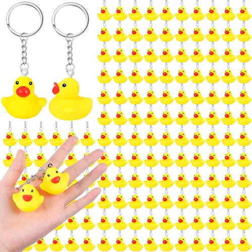Miniatura 8 de Deekin 24 llaveros de pato de goma a granel de 1.4/2.17 pulgadas, pequeño llavero de pato de goma amarillo pequeño, mini dijes de patito, accesorios