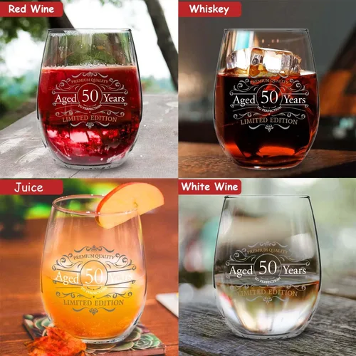 Miniatura 6 de DU VINO Copa de vino sin tallo de edición vintage para hombres y mujeres (50 aniversario) de 15 onzas, copas de vino de feliz cumpleaños para niños