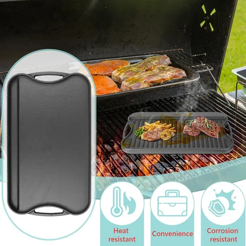 Miniatura 5 de Plancha reversible de hierro fundido 2 en 1 para parrilla de gas, sartén superior plana para estufa de gas, sartén superior para horno pre-sazonado