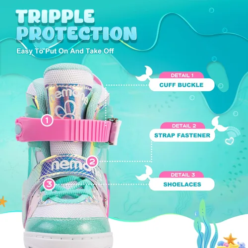 Miniatura 5 de NEMONE - Patines de sirena con ruedas iluminadas y 4 tamaños ajustables para niñas, azul y morado, para niños pequeños, para principiantes, de C
