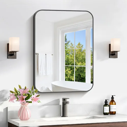 Espejo de baño de 18 x 24 pulgadas con marco de metal negro rectangular, espejo de tocador rectangular de esquinas redondeadas, espejo de pared para
