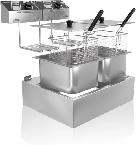 Miniatura 8 de Freidora comercial profunda con cestas, 3400W 12.7QT/12L de acero inoxidable engrosado para mostrador, freidora eléctrica de aceite de gran