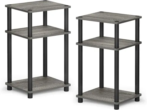 Miniatura 4 de Furinno Just - Mesa auxiliar Turn-N-Tube de 3 niveles, mesita de noche, mesita de noche con postes de plástico, paquete de 2, roble francés