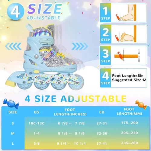 Miniatura 5 de Mammygol Patines en línea para niñas y niños, 4 tamaños ajustables para niñas de 3 a 12 años con ruedas iluminadas y protección de seguridad, regalo