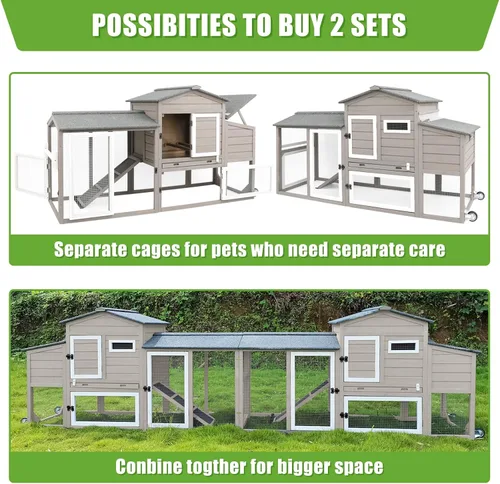 Miniatura 7 de PetsCosset Gallinero de 136 pulgadas con ruedas, gallinero de madera para patio trasero al aire libre para 1-6 pollos, jaula de aves de corral de 2