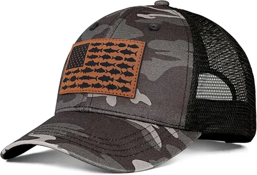 Miniatura 21 de Sombrero de camionero con bandera de pez estadounidense, regalos de pesca para hombres, sombrero de pesca Snapback perfecto para pesca y uso diario
