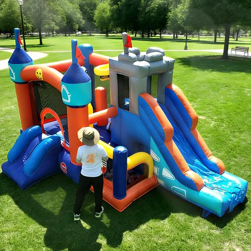 Miniatura 7 de Casa de rebote comercial de 16 pies con soplador, 100% PVC inflable con 2 toboganes, pozo de bolas, túneles, escalada, carrera de obstáculos 6 en 1
