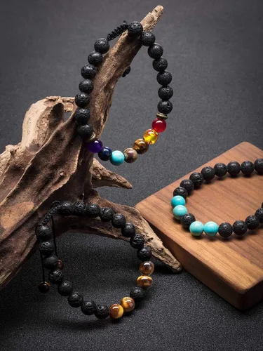 Miniatura 7 de Pulsera difusor de aceite esencial de piedra de lava ajustable, cuerda trenzada, cuentas de yoga para hombres y mujeres, piedra original