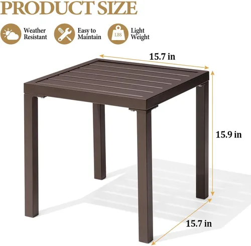Miniatura 3 de Crestlive Products Mesa auxiliar para exteriores, pequeña mesa auxiliar cuadrada de metal, fácil montaje y resistente a la intemperie, mesas Marrón