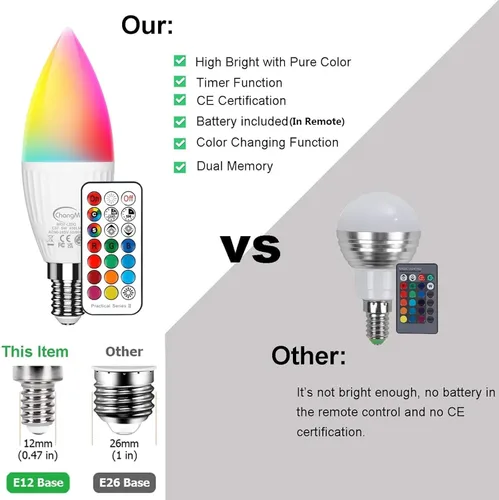 Miniatura 4 de Bombillas LED E12 de 5 W, juego de 6 bombillas de vela que cambian de color, base pequeña B11 equivalente a 40 W, 560 lúmenes, RGB + 2700 K blanco