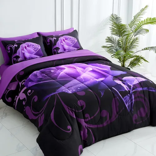 Miniatura 3 de WONGS BEDDING Juego de edredón morado tamaño completo, 7 piezas reversibles con patrón de rosas moradas en una bolsa, juego de edredón ligero