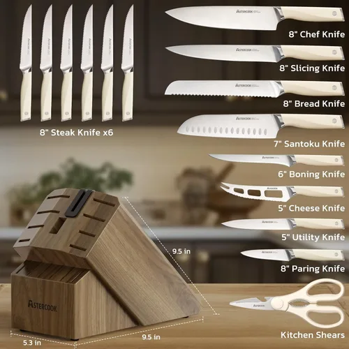 Miniatura 6 de Astercook Juego de cuchillos de cocina con bloque y afilador Premium de espiga completa 17 piezas, cuchillos de acero inoxidable alemán aptos