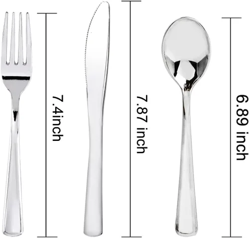 Miniatura 8 de WDF 160 cubiertos de plástico plateado, cubiertos desechables plateados, cubiertos de plástico resistentes, 80 tenedores, 40 cuchillos, 40 cucharas