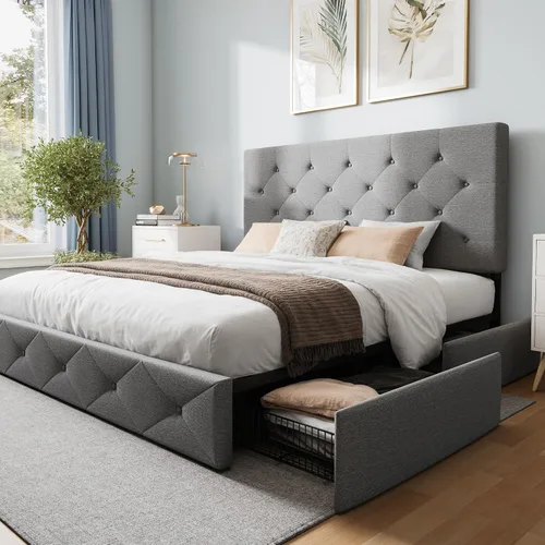 Miniatura 16 de WEEWAY Base de cama de plataforma tamaño Queen con 4 cajones de almacenamiento, cabecera capitonada con botones de puntada cuadrada, base de colchón