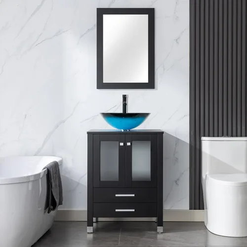 Miniatura 18 de LUCKWIND Combinación de tocador de baño de 24 pulgadas con lavabo, serie elegante con marco pintado, armario de almacenamiento de baño de dos