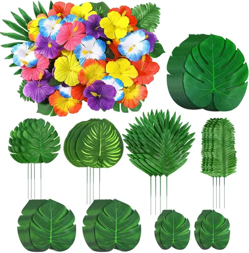 Miniatura 10 de 126 piezas de suministros para decoraciones de fiesta Luau, hojas de palma tropicales, flores de hibisco, hojas artificiales simuladas para fiestas