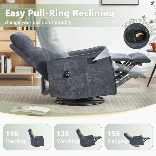 Miniatura 4 de cinkehome Silla Reclinable Mecedora Giratoria con Masaje y Calefacción para Guardería - Silla Reclinable de Espacio Pequeño con Soporte Lumbar, Giro