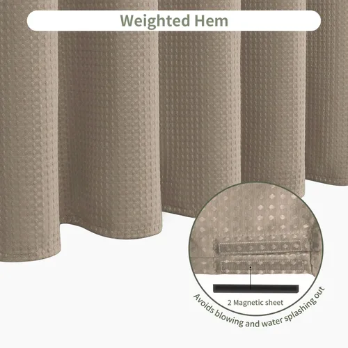 Miniatura 5 de Inhousolu - Cortina de ducha de tela, tejido de gofre, poliéster de 7.07 oz/m², dobladillo pesado, ganchos de metal incluidos, repelente al agua