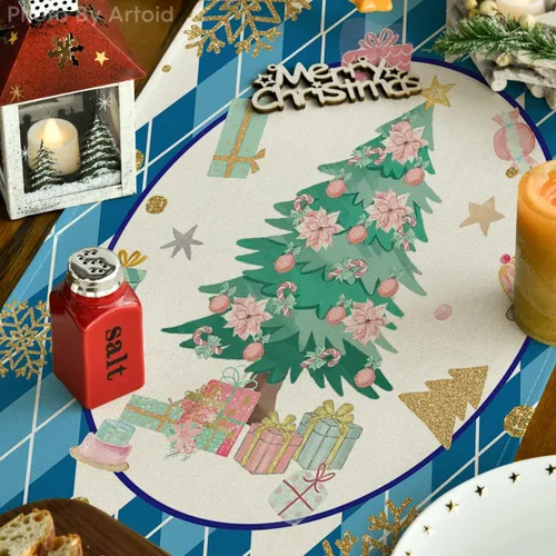 Miniatura 3 de Artoid Mode Camino de mesa de Navidad con diseño de cascanueces y copos de nieve con diamantes azules a cuadros, decoración estacional de invierno