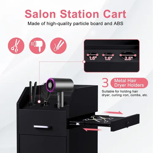 Miniatura 5 de Winado Carrito de almacenamiento de peluquería con ruedas y 3 soportes para secador de pelo, 4 cajones y cerradura y 2 llaves, estación de Negro