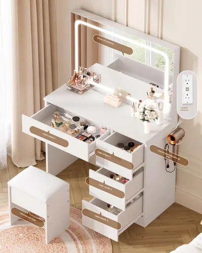Miniatura 4 de LIVELYGLOW Escritorio de maquillaje con estación de carga y espejo LED, juego de tocador de 35.4 pulgadas con 4 cajones, 3 modos de iluminación