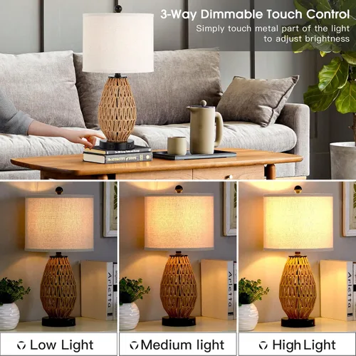 Miniatura 2 de CINSARY Lámparas de mesa de ratán con control táctil, lámparas de noche regulables de 3 vías para dormitorio, juego de 2 con 2 puertos USB y salida