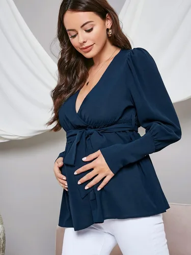 Floerns Blusa de maternidad de manga larga con cuello en V y cinturón para mujer