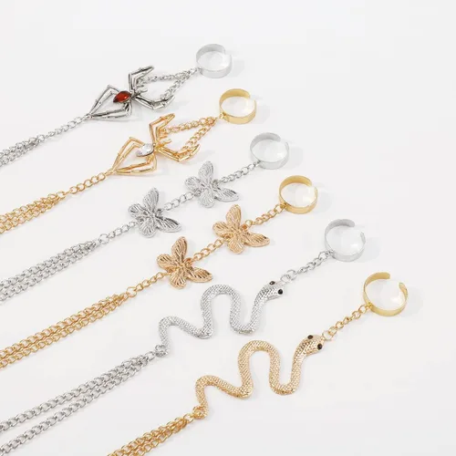 Miniatura 7 de Caiyao Pulsera de anillo punk de serpiente de mariposa, serpiente y araña, pulsera de anillo de dedo de serpiente bohemia, arnés de mano, pulseras