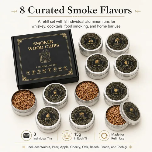Miniatura 2 de Chips de madera para ahumar cócteles y whisky, juego de repuesto de chips de madera de 8 sabores en latas de aluminio para kit de ahumador