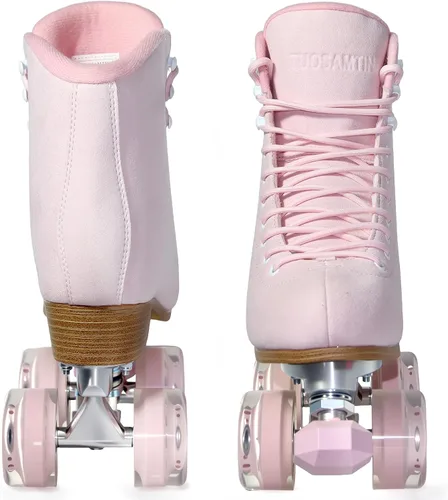 Miniatura 4 de Patines de ruedas para mujer o hombre con topes de goma ajustables en altura, patines retro de gamuza cuádruples para exteriores e interiores Rosa