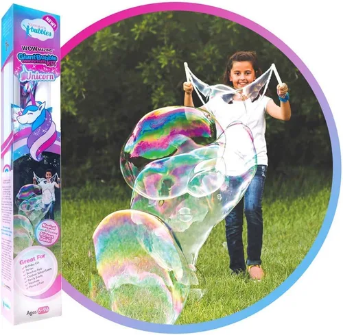Miniatura 3 de WOWMAZING Kit de burbujas gigantes de unicornio, incluye varita, 7 bolsas de concentrado de burbujas y 8 calcomanías activadas por el sol, juguete
